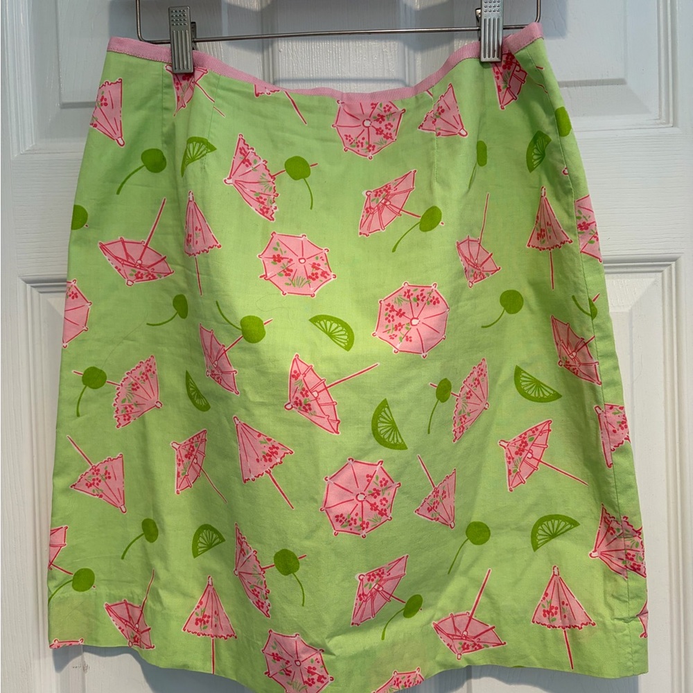 Lilly Pulitzer Skirt 6 Green Pink Umbrella Cherry Lime Novelty Print Cotton Mini